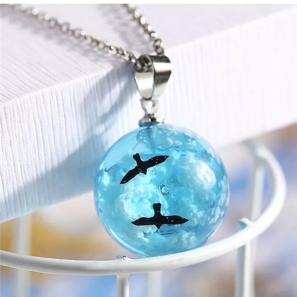 White Clouds Blue Sky Birds Glass Ball Necklace - Picture 4 of 6